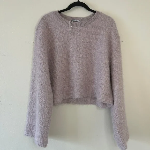 Zara Lilac Fuzzy Metallic Shimmer Cropped Sweater Jumper bell Sleeve Large - Picture 9 of 9